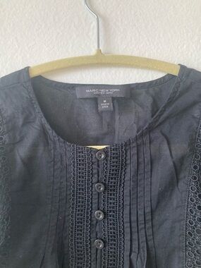 Marc New York Black Crochet Pintuck Button Blouse
